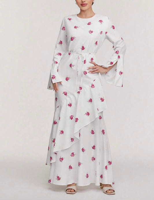 Elegante Witte Maxi Jurk met Roze Bloemenprint
