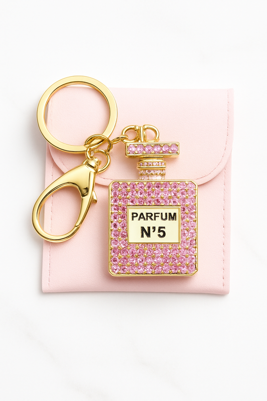 Luxe Sleutelhanger – Parfumflesje N°5 met Roze Strass