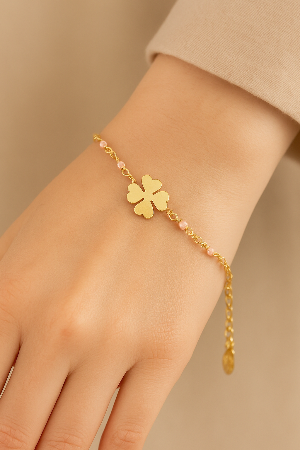 Stainless Steel Armband met Klavertje Vier en licht roze Accenten