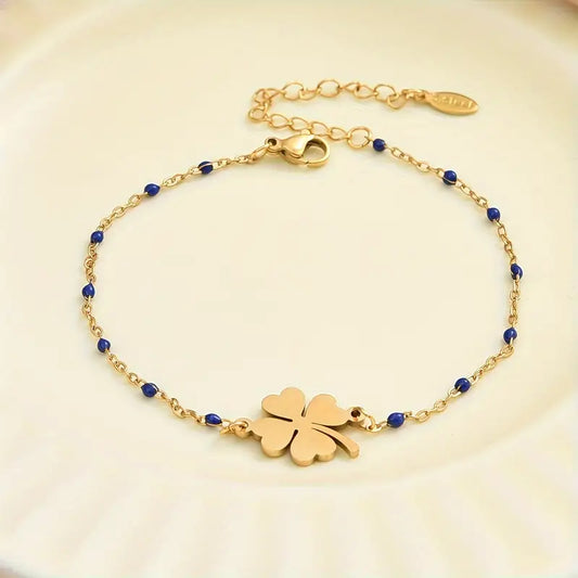 Stainless Steel Armband met Klavertje Vier en Donkerblauw Accenten