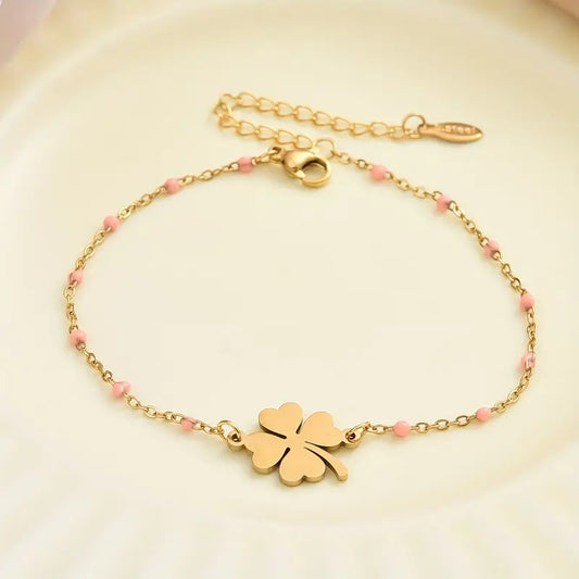 Stainless Steel Armband met Klavertje Vier en licht roze Accenten