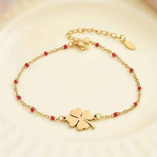 Stainless Steel Armband met Klavertje Vier en rode Accenten