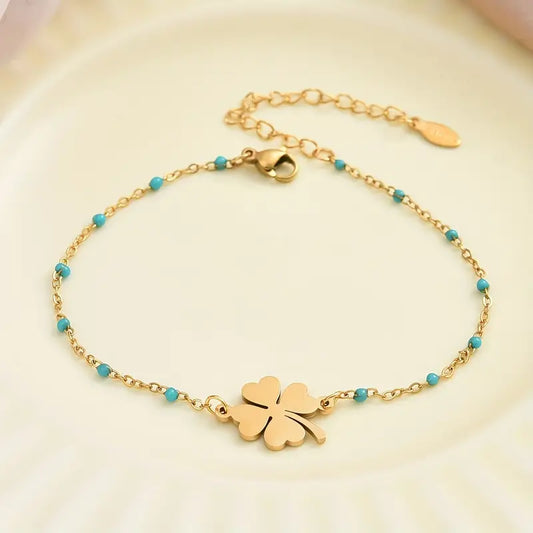 Stainless Steel Armband met Klavertje Vier en turqoise Accenten