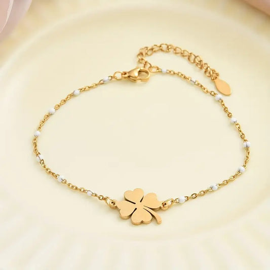 Stainless Steel Armband met Klavertje Vier en Witte Accenten