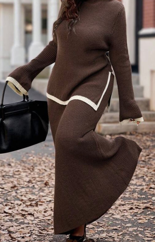 Elegante Gebreide Tweedelige Set – Rok en Trui met Contrasterende Afwerking