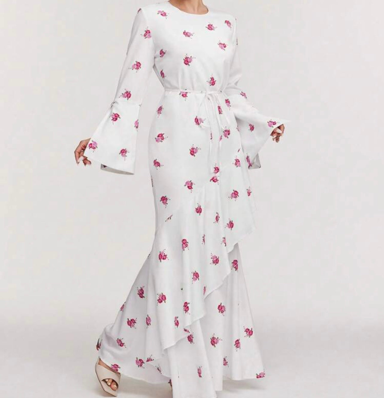 Elegante Witte Maxi Jurk met Roze Bloemenprint