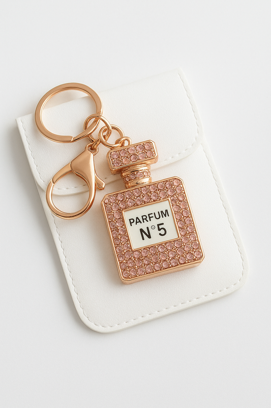 Chique Sleutelhanger – Parfumflesje N°5 met Rosé Gouden Strass